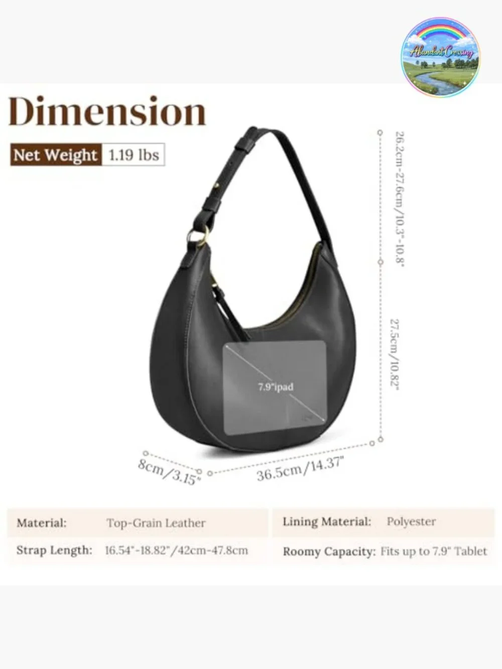 Top Grain Leather Hobo Crescent Shoulder Bag Purse